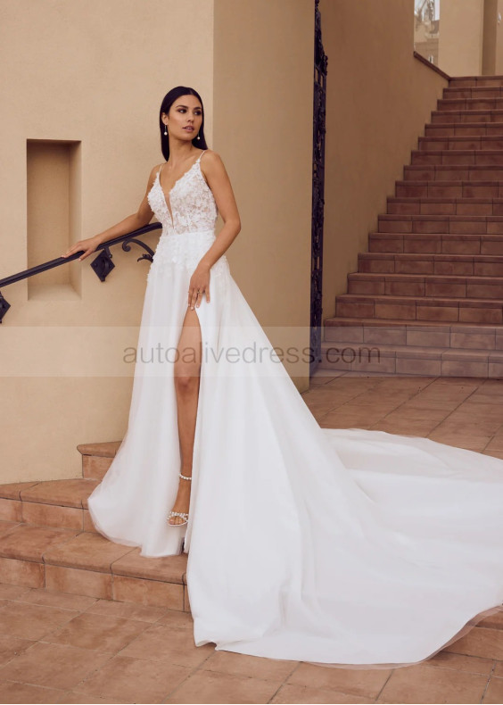 Beaded Ivory Lace Tulle Low Open Back Slit Wedding Dress